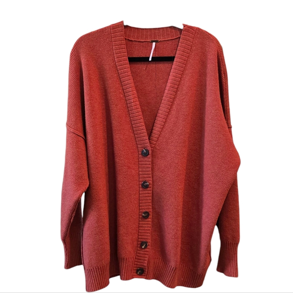 💜 Free People East Side Oversized Orange Cardigan With Buttons Deep V Ob1226139
